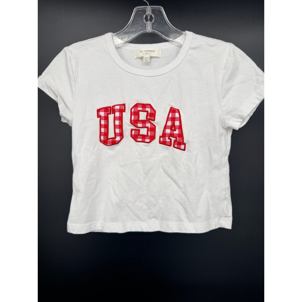 USA T-Shirt Girls S 7/8 White Excellent Gingham Applique Crop Tee